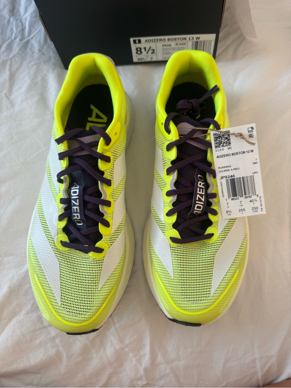 adidas Adizero Boston 13 W Neon Yellow with Purple Laces